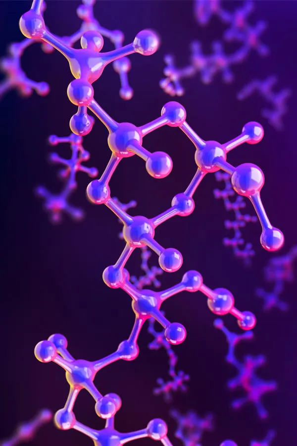 A 3D illustration of molecules in purple hues, representing hormone pellet treatments from Deborah Wilson, M.D. & Associates in Scottsdale.